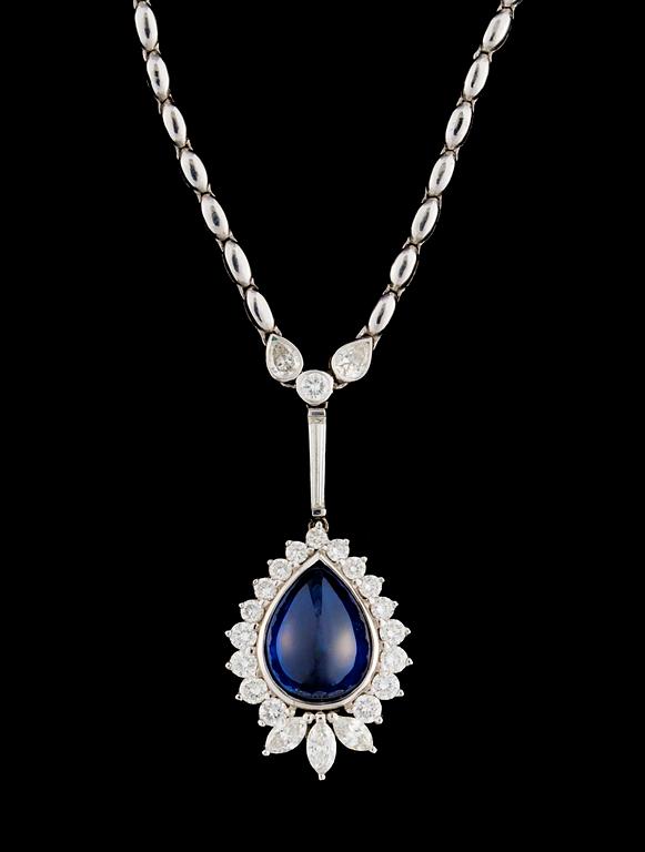 A gold, blue sapphire and diamond necklace.