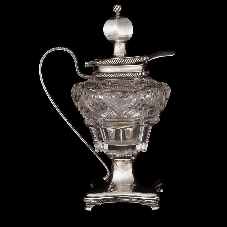 SENAPSKANNA med SKED, silver samt kristall, Holland, 1840-tal.