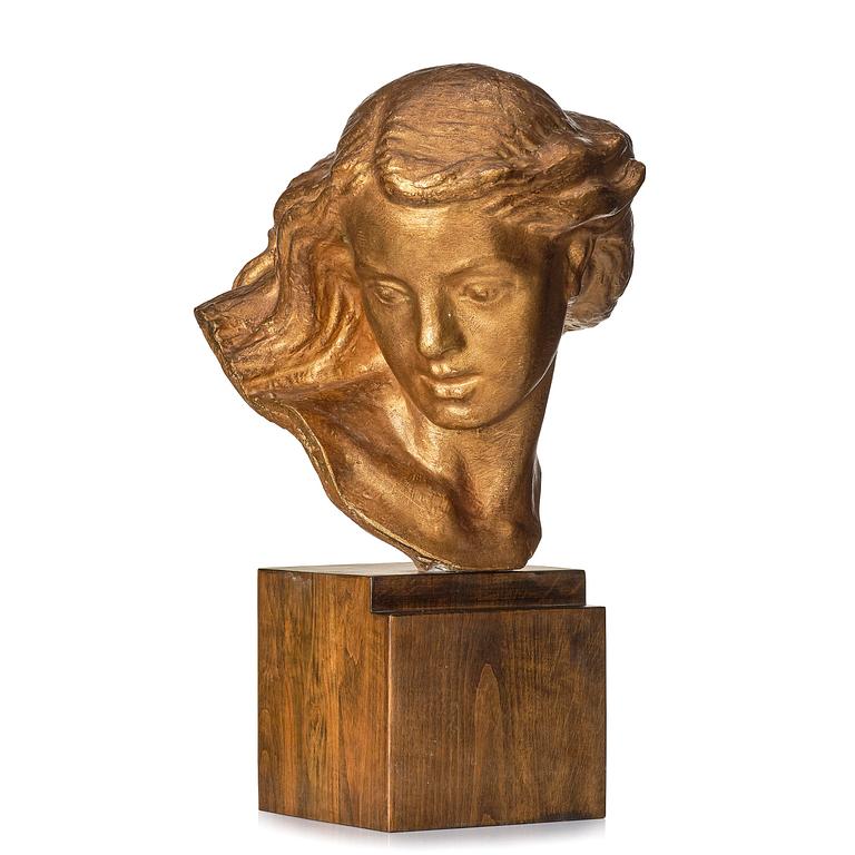 John Lundqvist, a gilt plaster sculpture of a young woman's head, dated 1933.