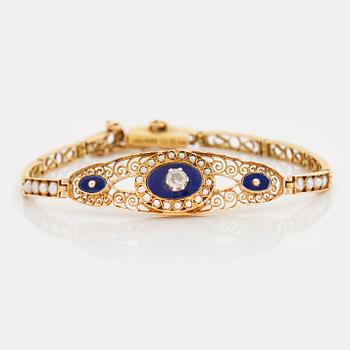 794. A rose cut diamond, natural pearl and blue enamel bracelet.