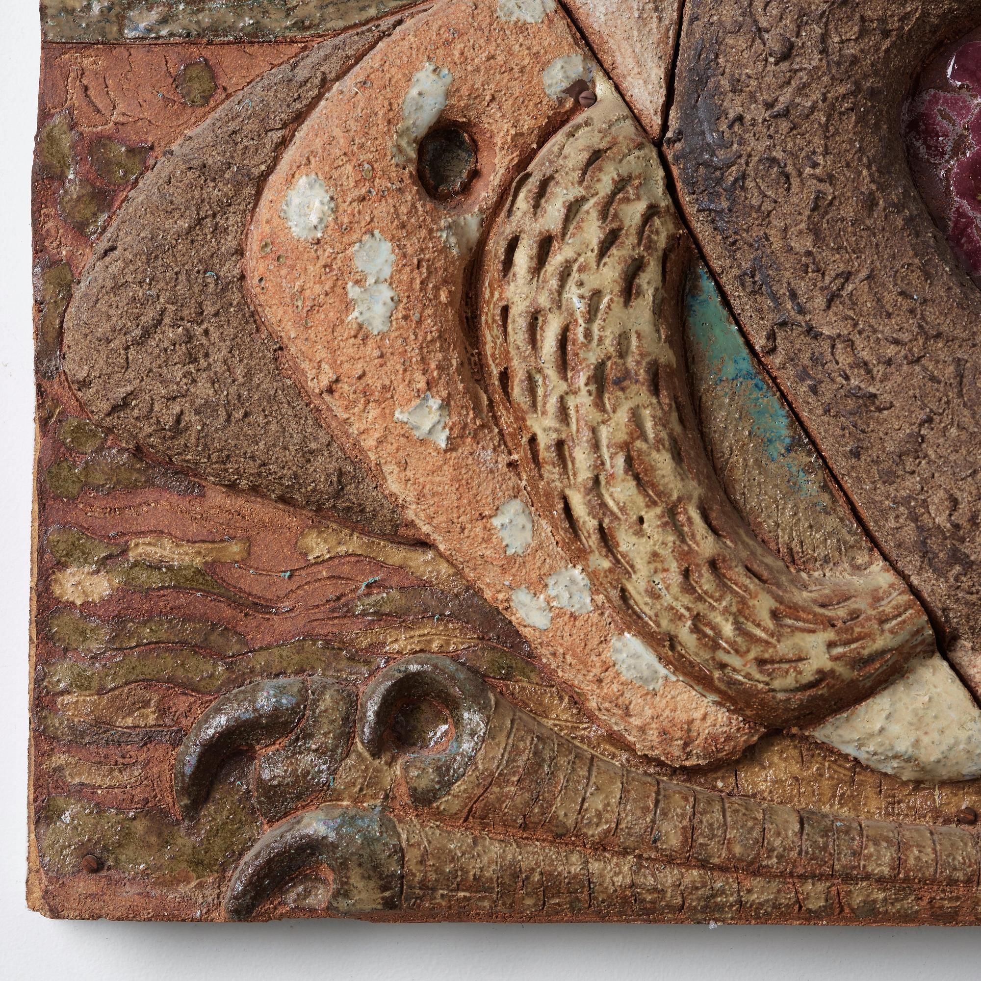Tyra Lundgren, relief "Fågelunge med röd sol", egen ateljé, 1960-tal.
