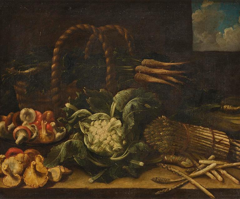 Simone del Tintore, follower of, Still life with asparagus, mushrooms, cauliflower, and turnips.