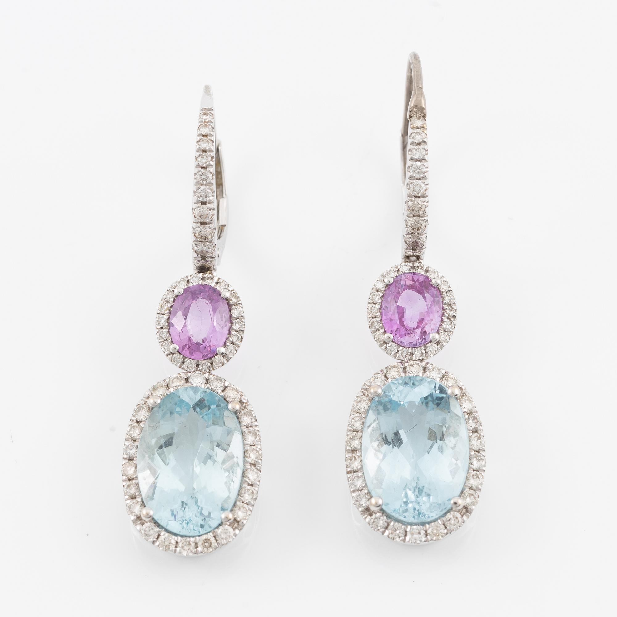 Aquamarine, pink sapphire and brilliant-cut diamond earrings.