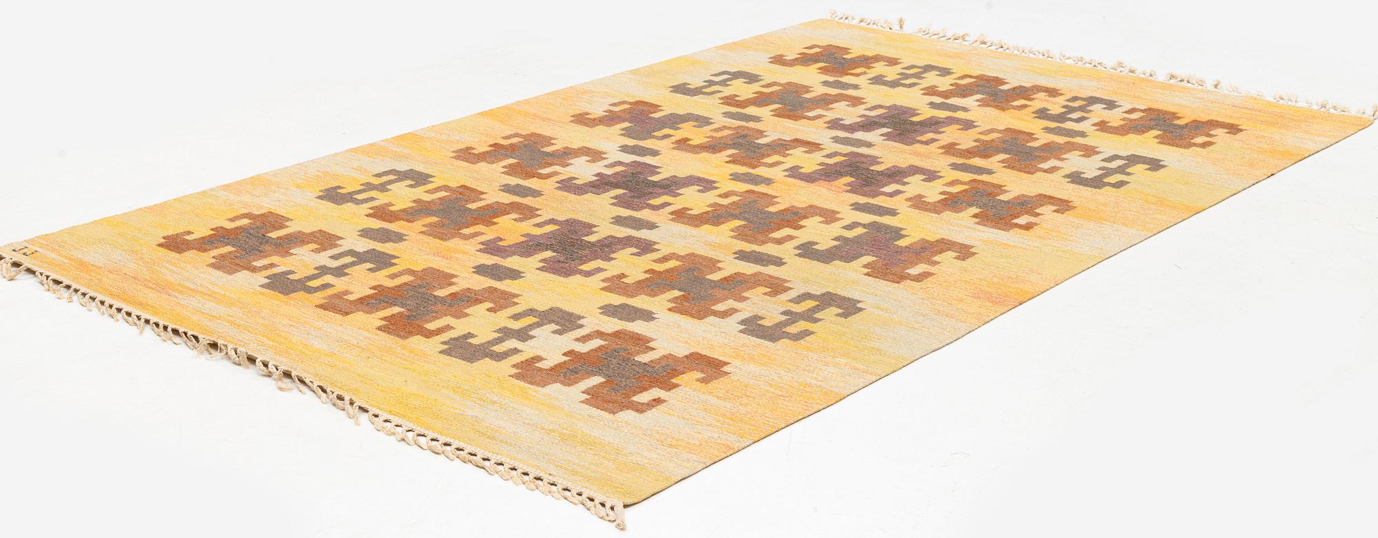 Judith Johansson, a carpet, 'Kastanjelöv' flat weave, c 309 x 195 cm, signed JJ.