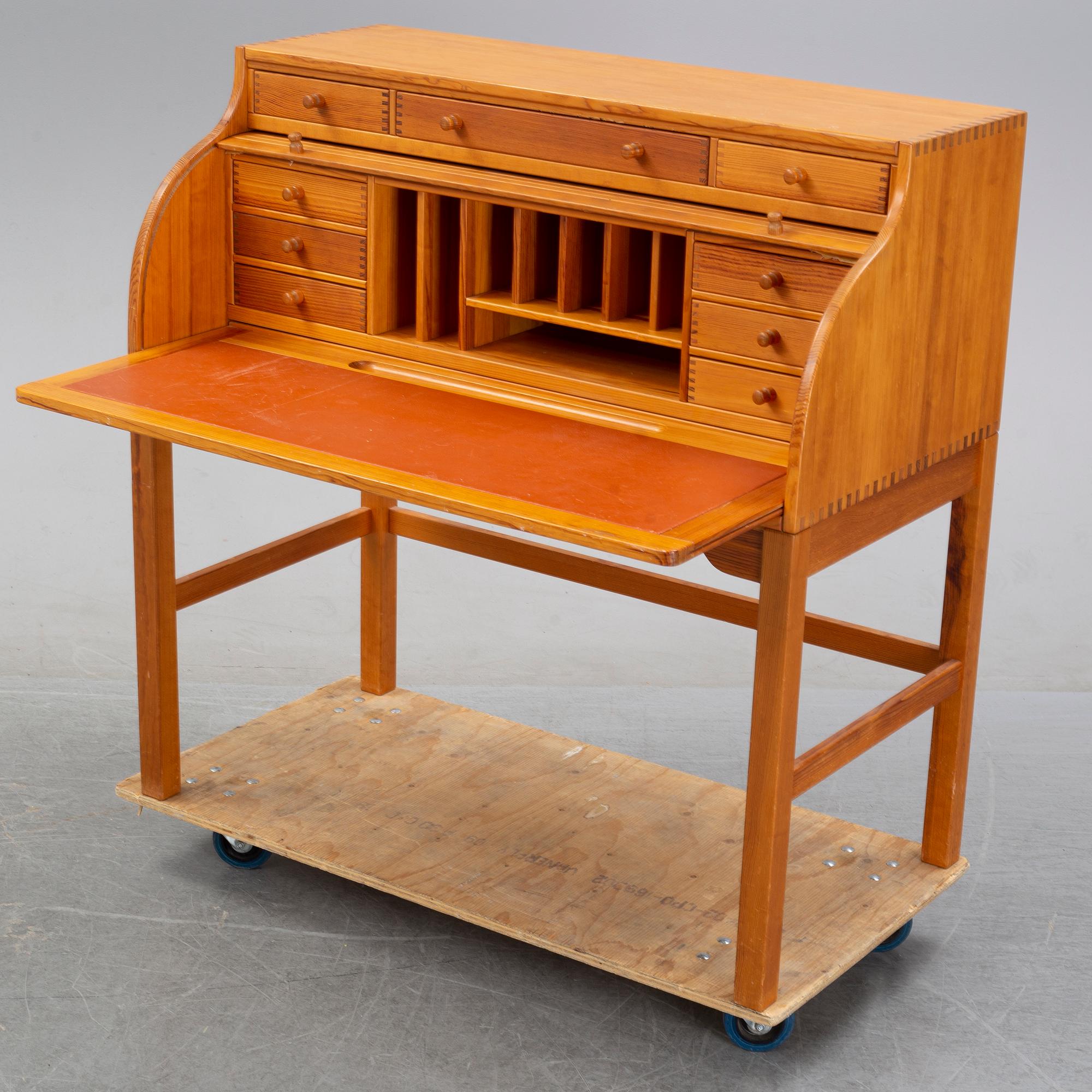 A pine roll top secretary desk by Andreas Hansen, Hadstens, end of the 20th Century.
