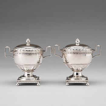 A pair of Swedish late 18th century silver sugar bowls and covers, mark of Pehr Zethelius, Stockholm 1780 and 1781.