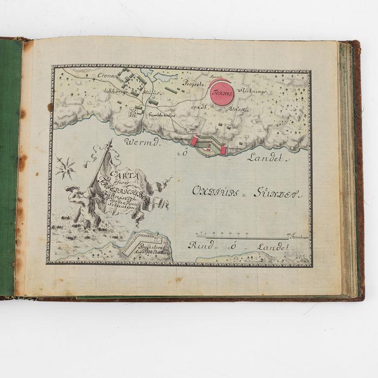 Album från 1746 med 22 akvareller över fästningar, gåva av Gabriel Cronstedt till tronföljaren Adolf Fredrik.