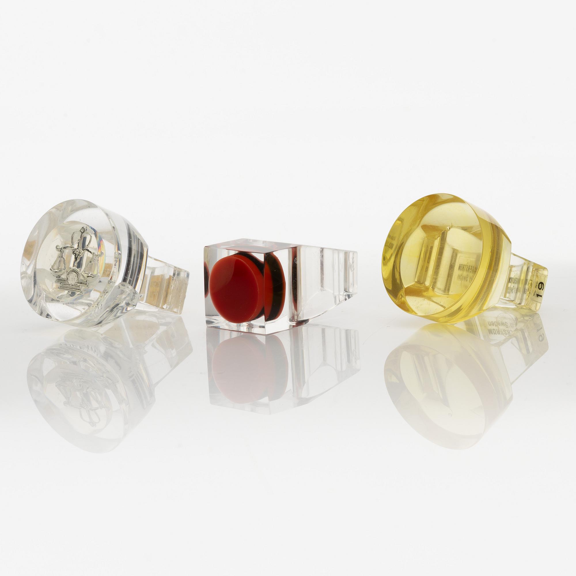 Siv Lagerström, three rings, acrylic plastic. Engraved works from the 1970s.