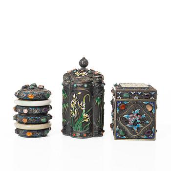 Three enamel and silver boxes, Tibet, first half of the 20th century.