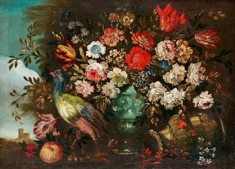 Abate Andrea Belvedere Hans art, Stilleben med blommor och påfågel.