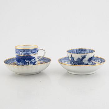 Three small porcelain plates and a cup with saucer, China, 18th century, and an English 19th century cup with saucer.