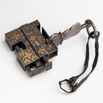A large iron, silver and gold lock, Tibet, 17th/18th century.