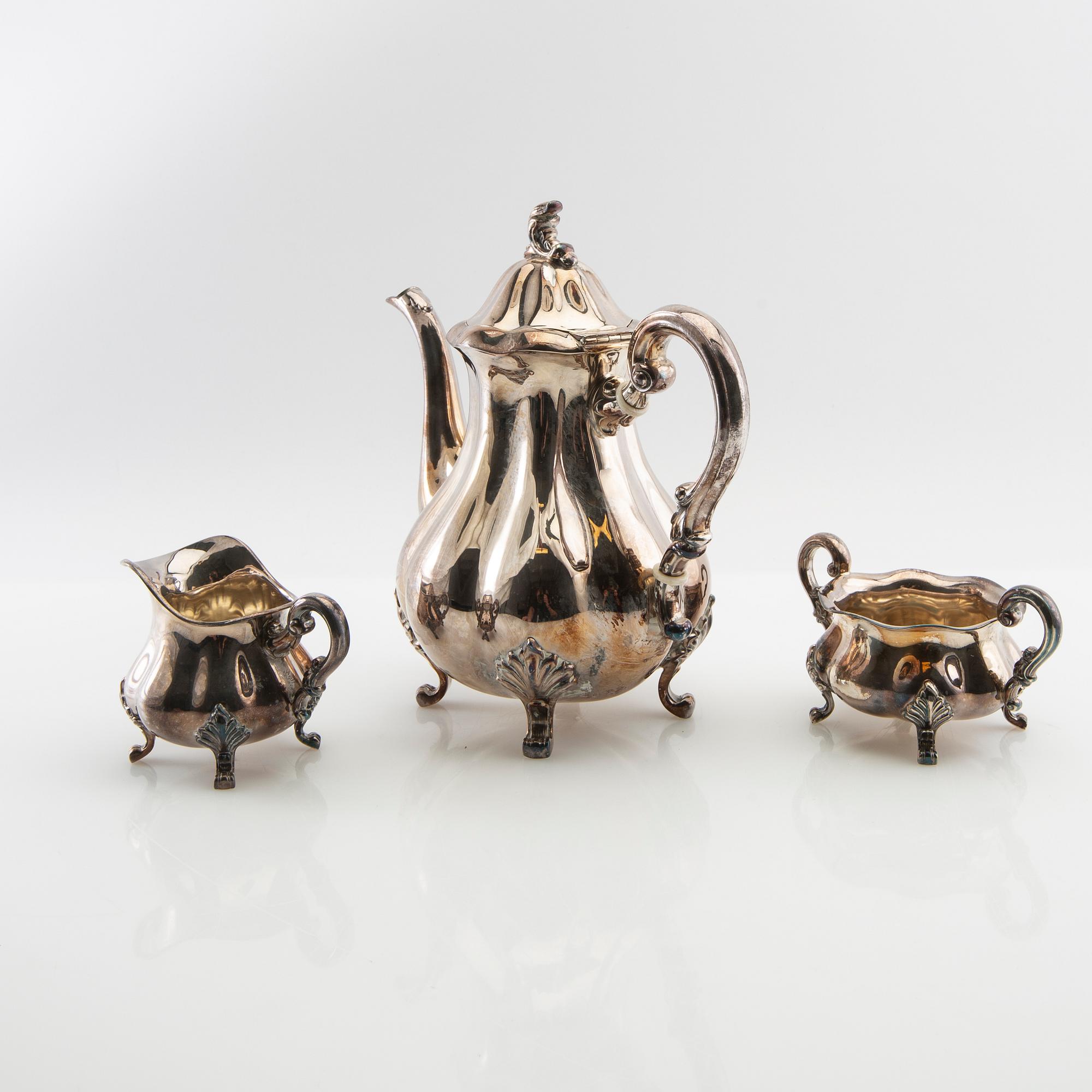 Coffee service 3 pieces, silver Swedish import marks Rococo style.