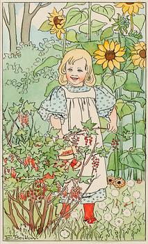 123. Elsa Beskow, Flicka vid rödvinbärsbuske.