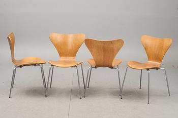 STOLAR, 4 st, "Sjuan", Arne Jacobsen, Fritz Hansen, Danmark 1970-tal, märkta.