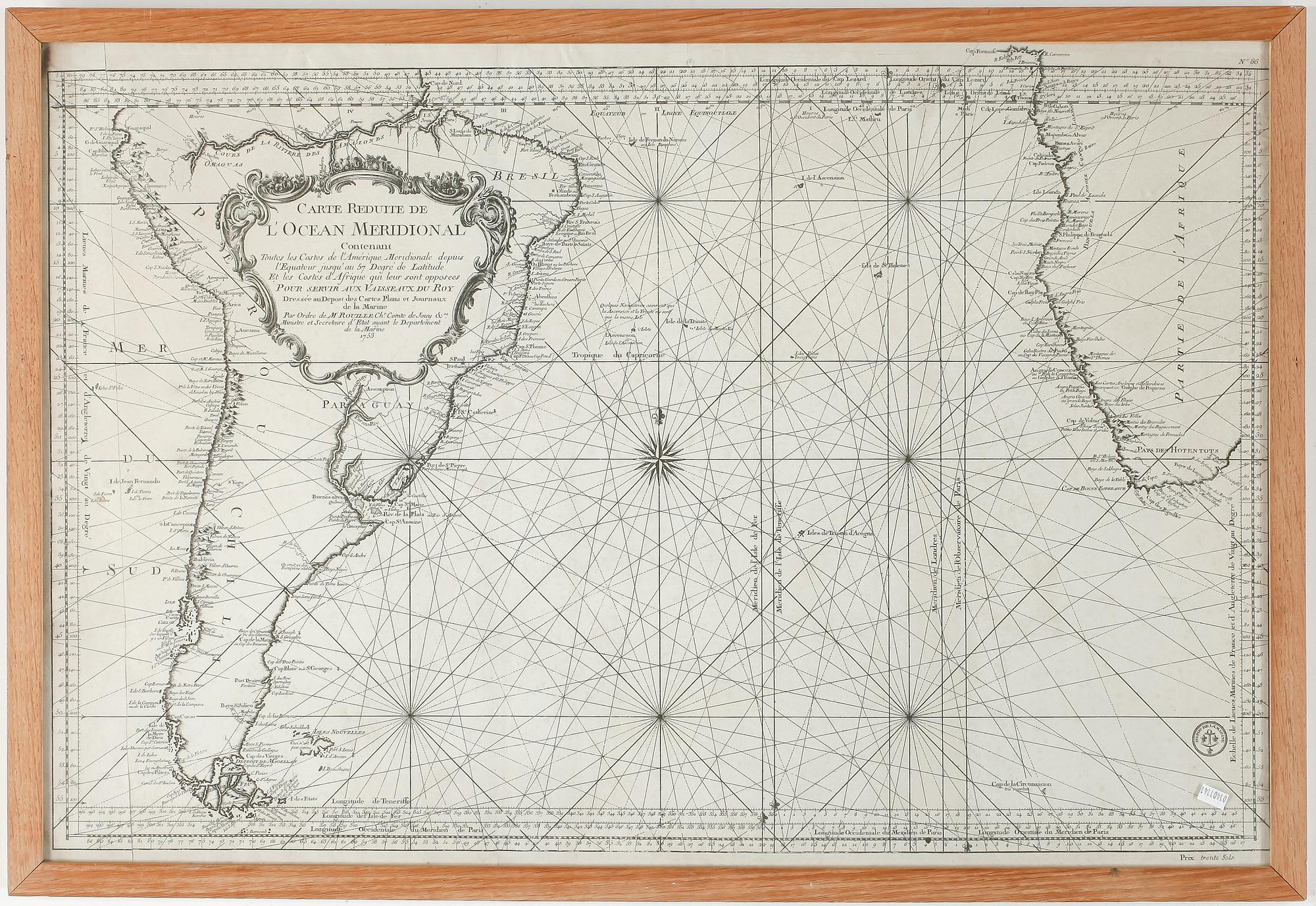 SJÖKORT, över Sydafrika, daterad 1753.