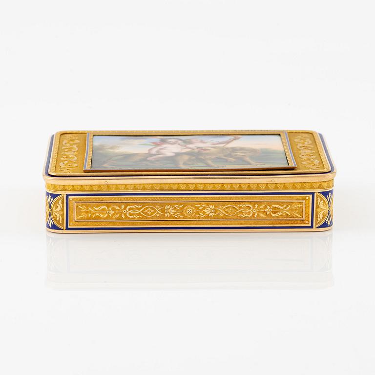A probably Swiss 19th century two colour gold snuff box with enamel, unidentified maker's mark.