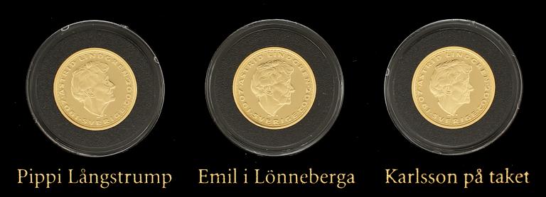 MYNT, 3 st, guld, Astrid Lindgren, nr 853/1000, 1900/2000-tal. Tot 25,8 gr.