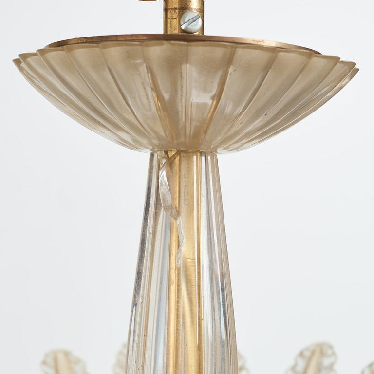 Orrefors, a Swedish Modern glass and brass chandelier, 1930-40's.