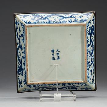 A square blue and white dish, Ming dynasty, Jiajing mark and period (1522-1566).