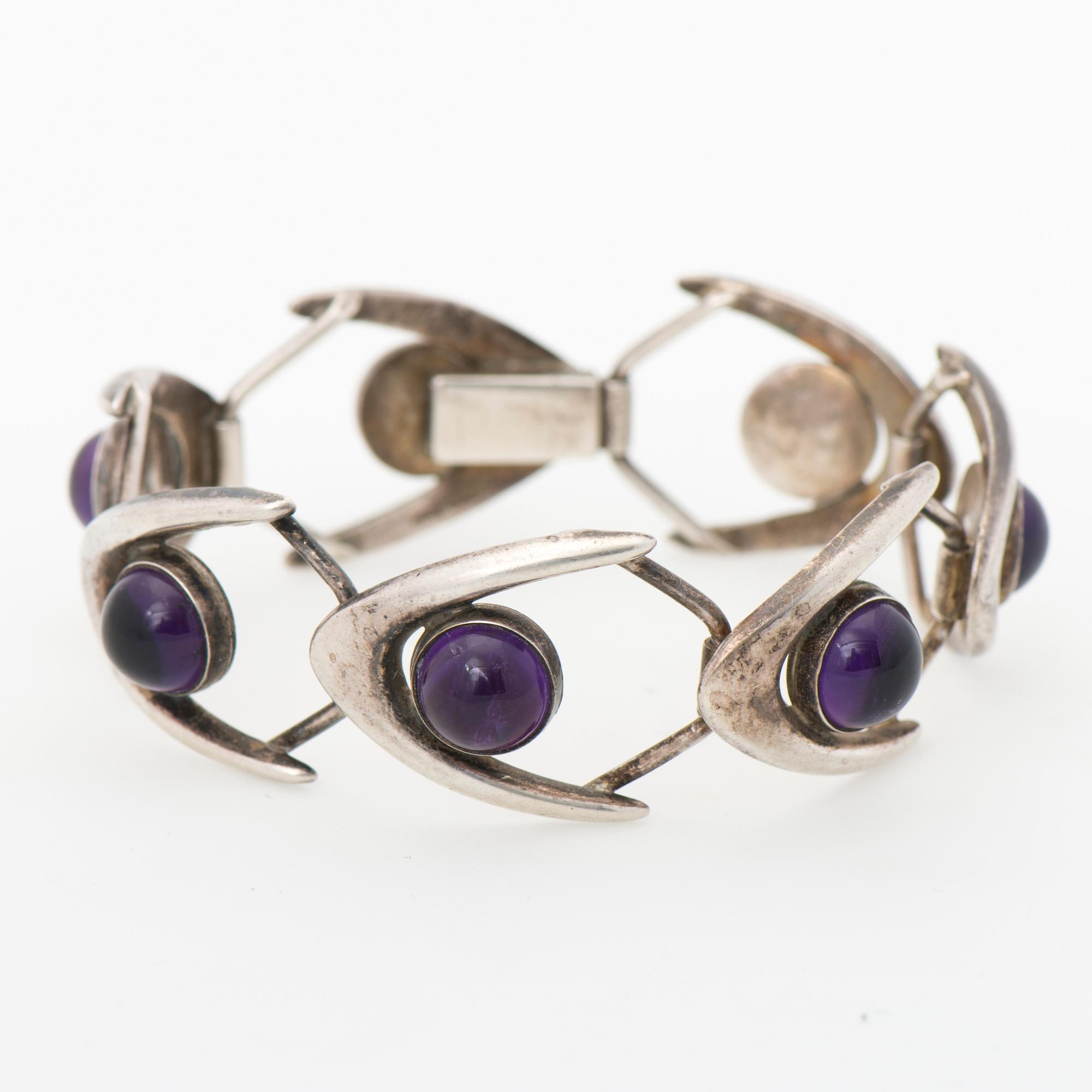 ARNE JOHANSEN, KAULAKORU ja RANNEKORU, hopeaa, pyöröhiotut ametistit. Tanska 1970-luku.