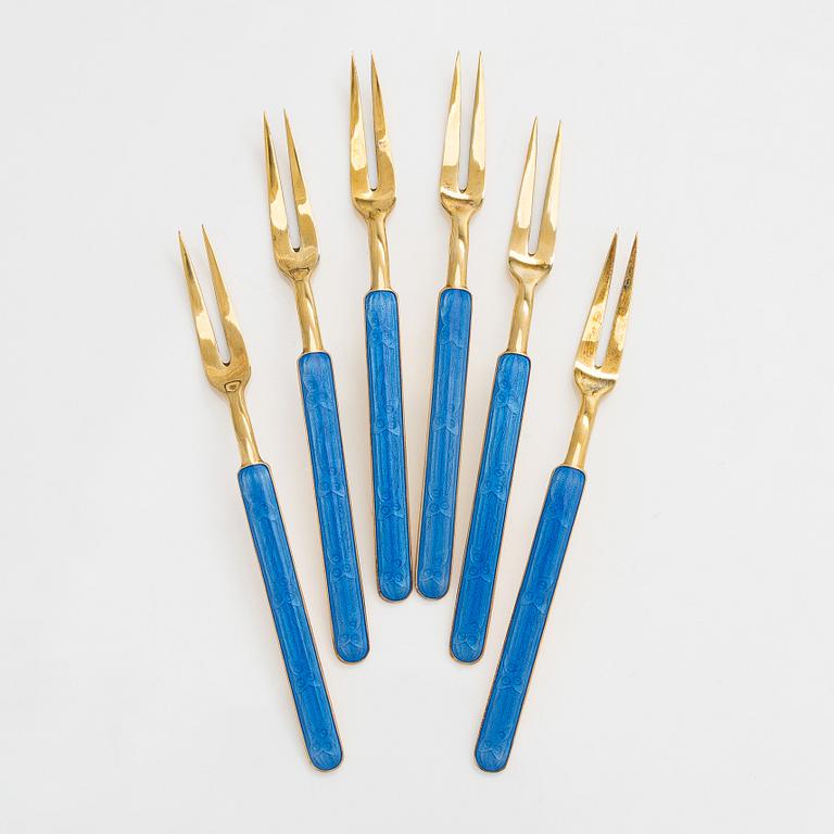 Tillander, six cocktail/serving forks, enamel and gilded silver (916), Helsinki, 1950.