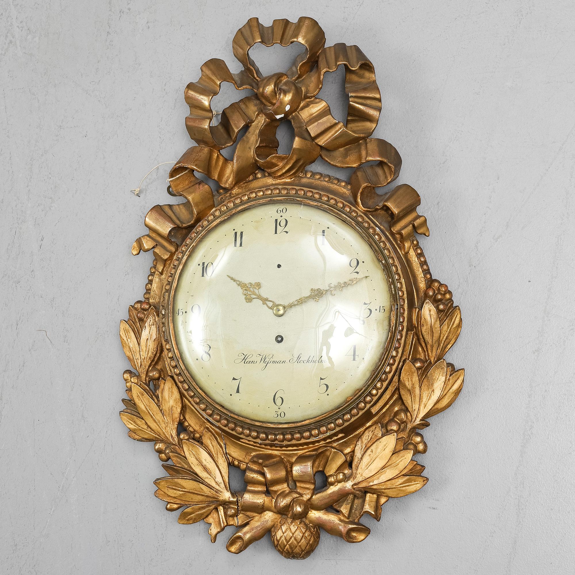A Gustavian wall clock by Hans Wessman (active in Stockholm 1787-1805).