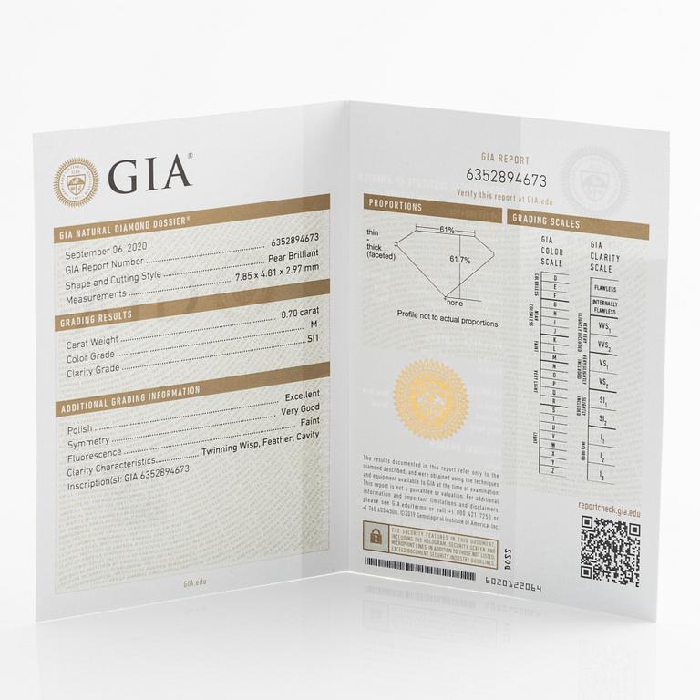 Ring med droppslipad diamant 0,70 ct, med GIA dossier.