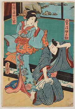 Two Japanese woodblock prints after Toyokuni, 19th Century.