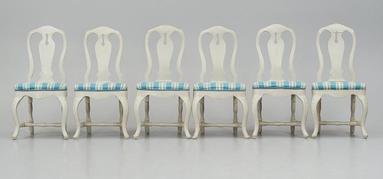 A set of six Swedish Rococo chairs, second part of the 18th century.