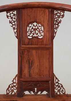 A pair of hardwood horseshoeback armchairs, late Qing dynasty, circa 1900.