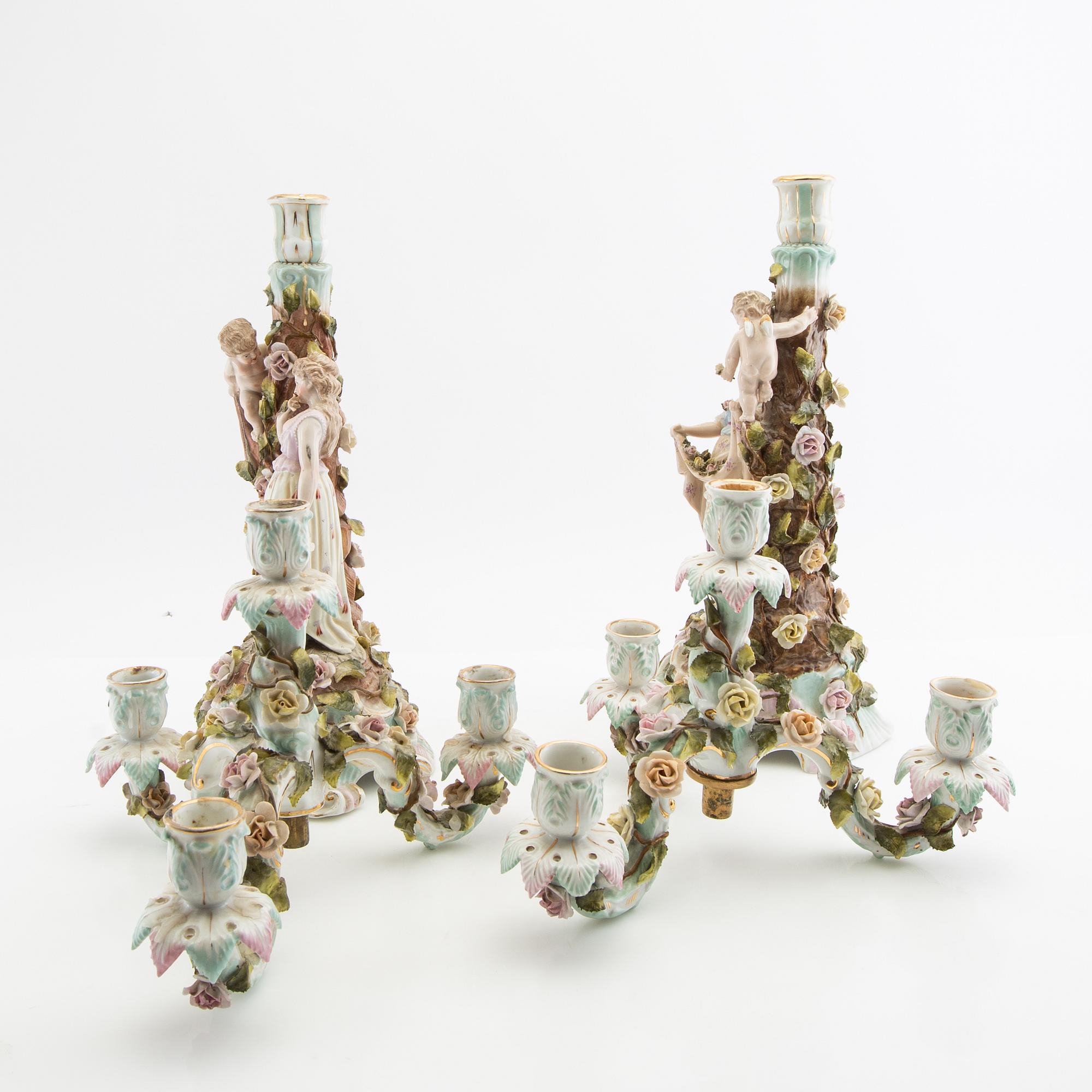 Candelabras a pair Rococo style Germany mid-20th century porcelain.