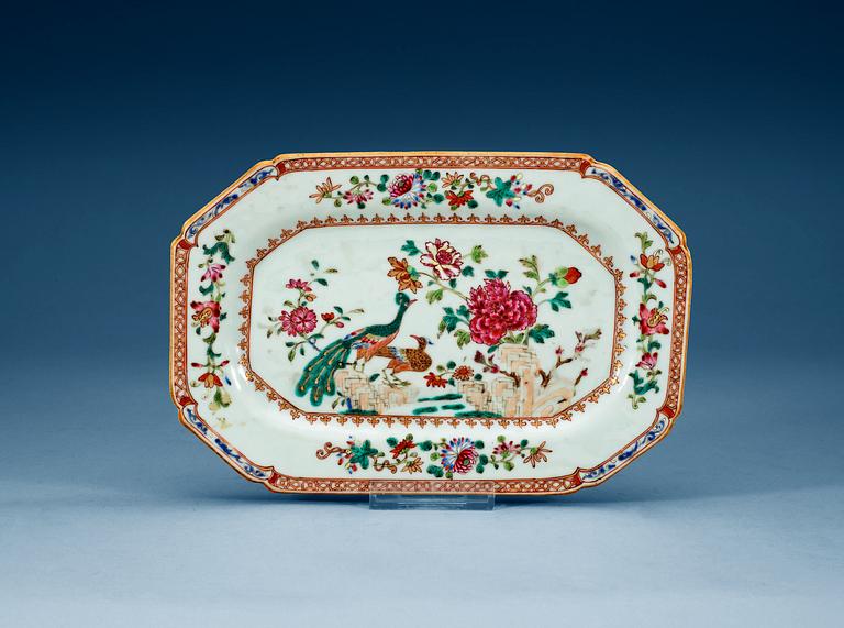 A famille rose 'double peacock' serving dish, Qing dynasty, Qianlong (1736-95).