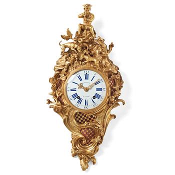 80. A Louis XV mid 18th century gilt bronze wall clock, "Chasse", in the style of J J de Saint Germain,