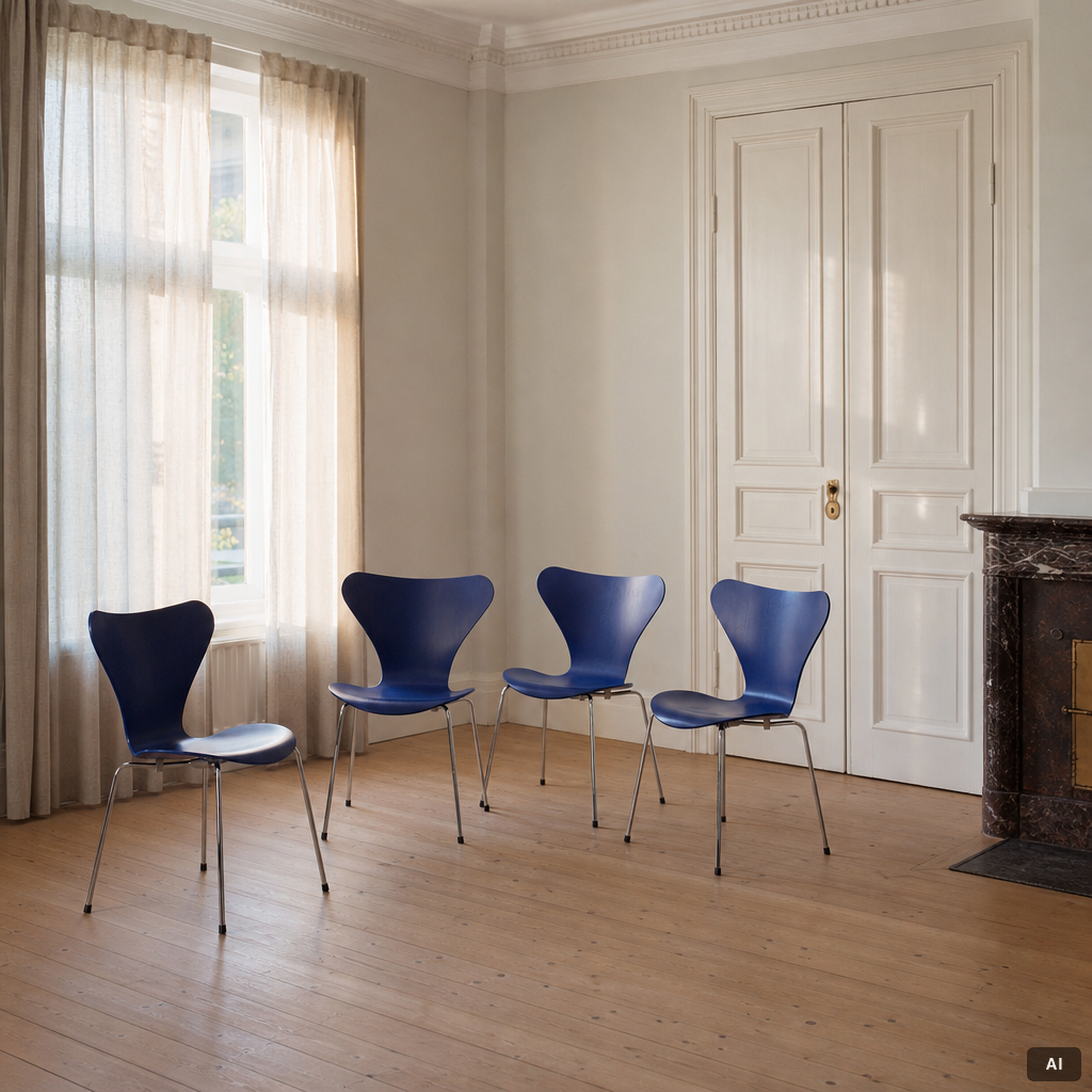 Arne Jacobsen, stolar, 4 st, "Sjuan", Fritz Hansen, Danmark.