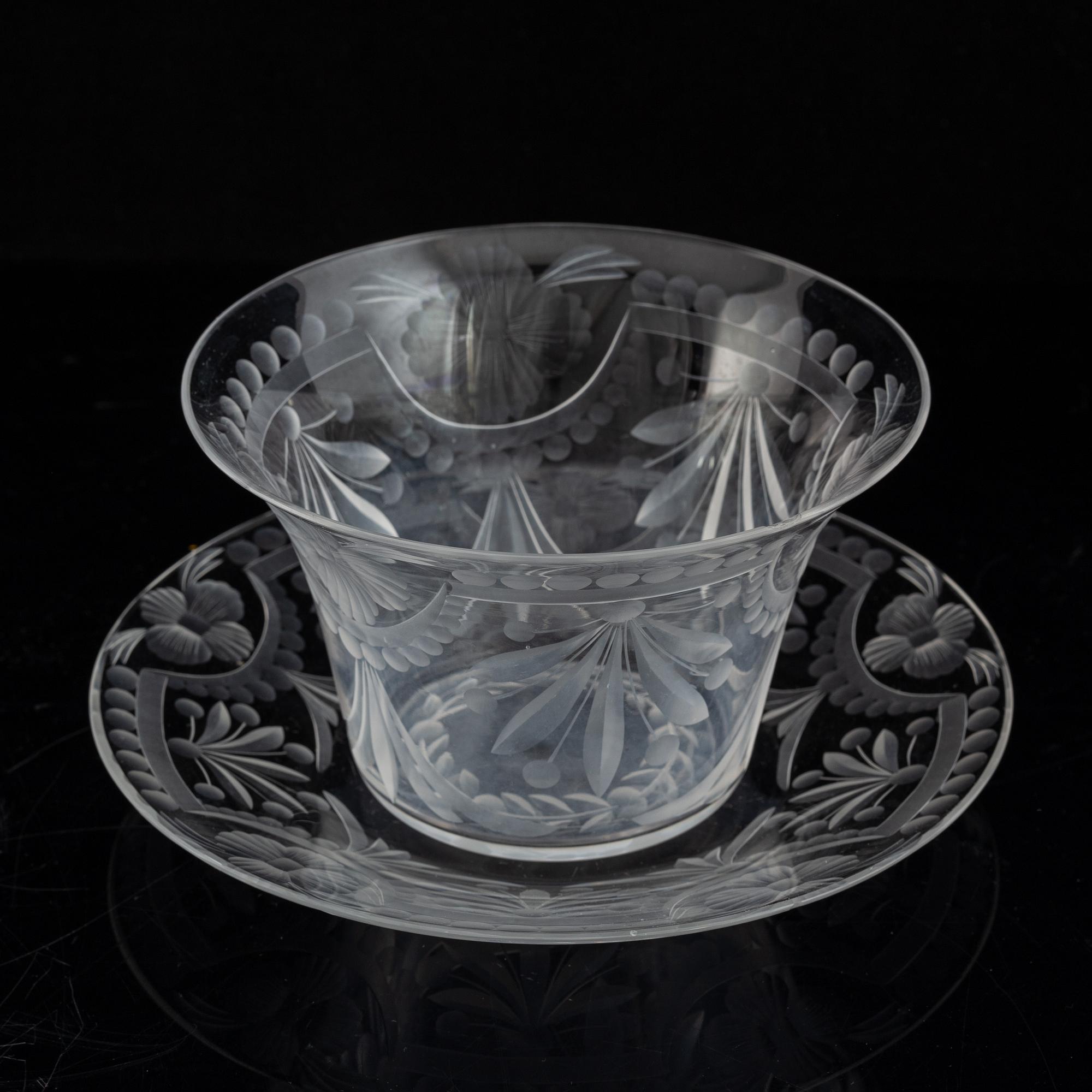 A pair of glass bowls with dishes, 20th century.