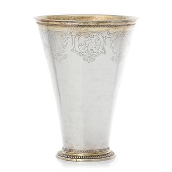 158. A Swedish 18th century prcel-gilt silver beaker, mark of Gustaf Stafhell, Stockholm 1742.