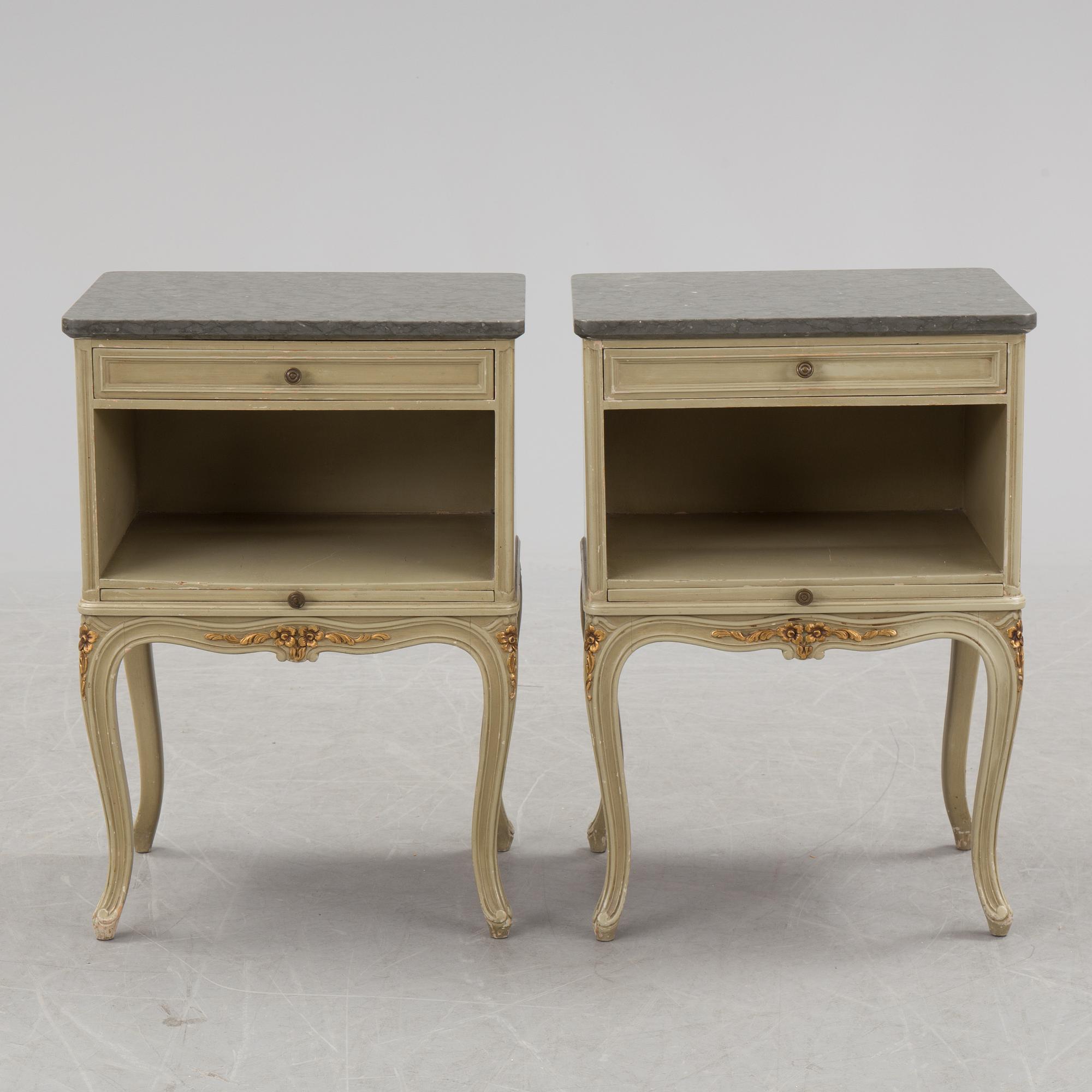 A mid 20th century Rococo style dressing table, a pair of bedside tables and one stool.