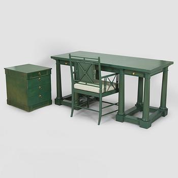 Desk/side table, a chair and a chest of drawers, last quarter of the 20th century.
