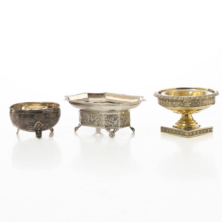 Three Russian silver salt cellars, 19th century.