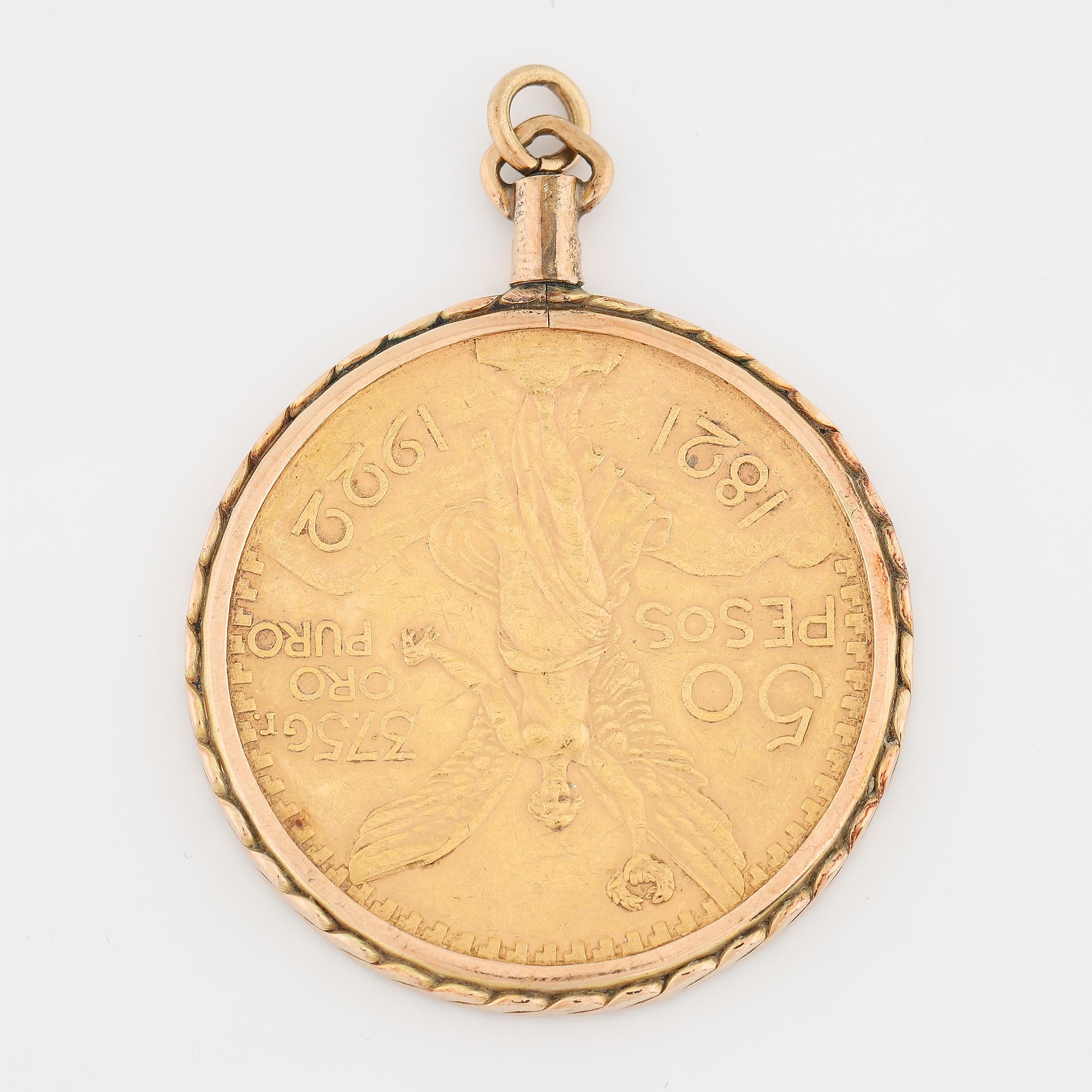 HÄNGE, guldmynt, Mexiko, 50 pesos. Guldram 14K guld.