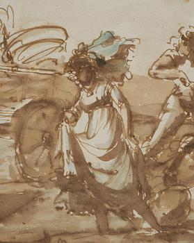 Johan Tobias Sergel, "Caricature Fru Grevinnan Ehrensvärd Insjunker i en sank Eng på Dymelstorp".