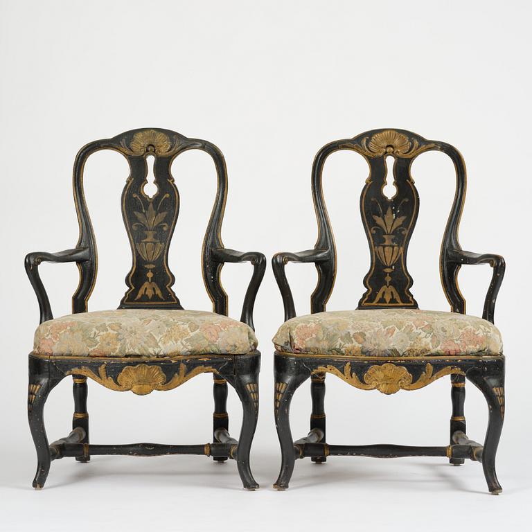 A pair of japanned Swedish rococo armchairs, Stockholm, later part 18th century.