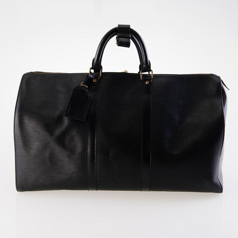 LOUIS VUITTON BLACK EPI LEATHER KEEPALL 50 TRAVEL BAG.