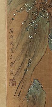 RULLMÅLNING med KALLIGRAFI, Qing dynastin, sent 1800-tal.