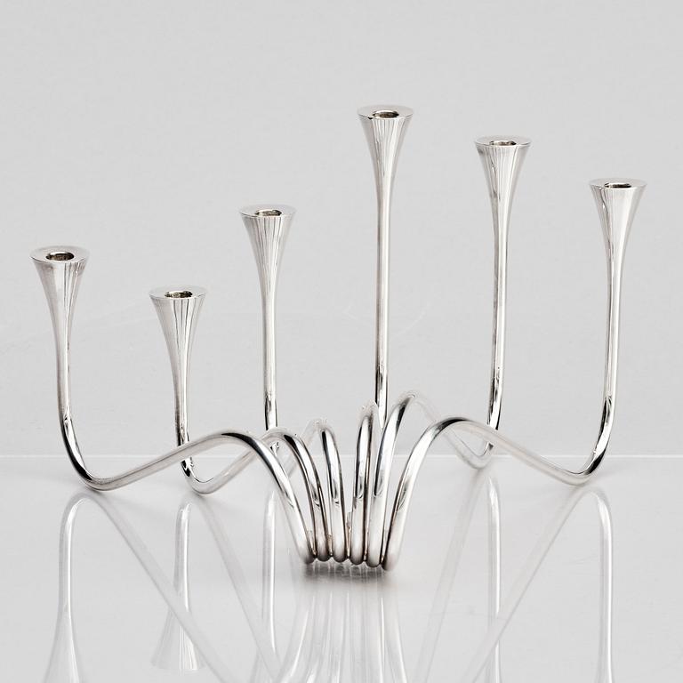 Ibi Trier Mørch, a pair of "Bølgeslag" six-branched sterling silver candelabra for A. Michelsen, Denmark 1951.