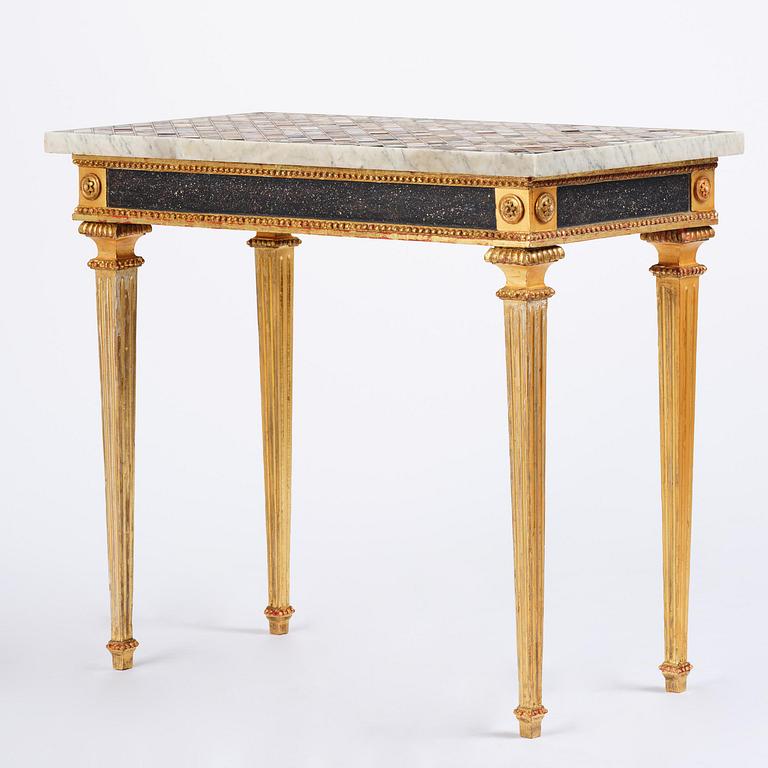 A late Gustavian giltwood console table with an Italian specimen-marble top , Stockholm, late 18th century.