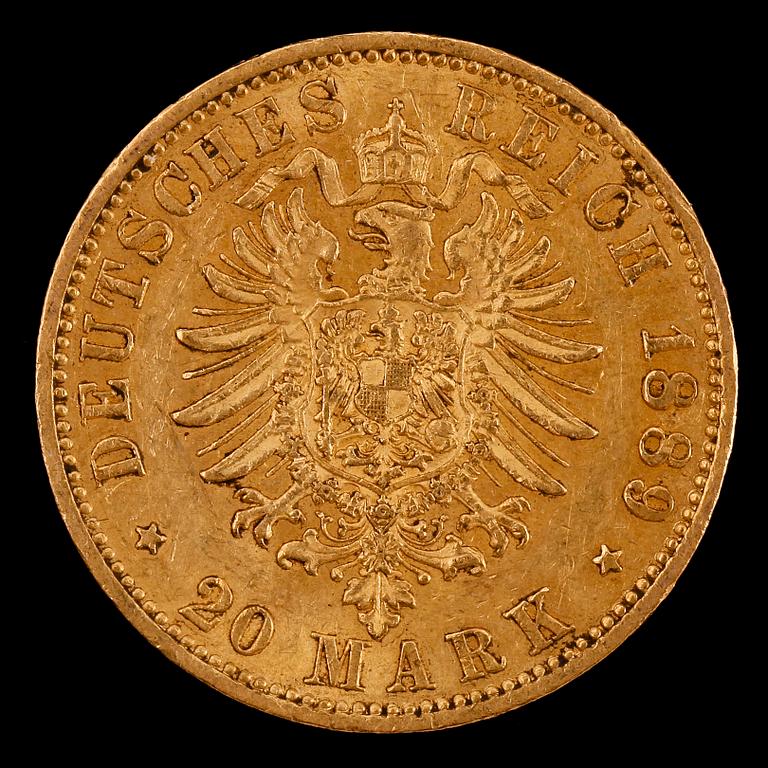 GULDMYNT, 20 mark, Wilhelm II Kaiser von Preussen, 1889. Vikt ca 8 g.