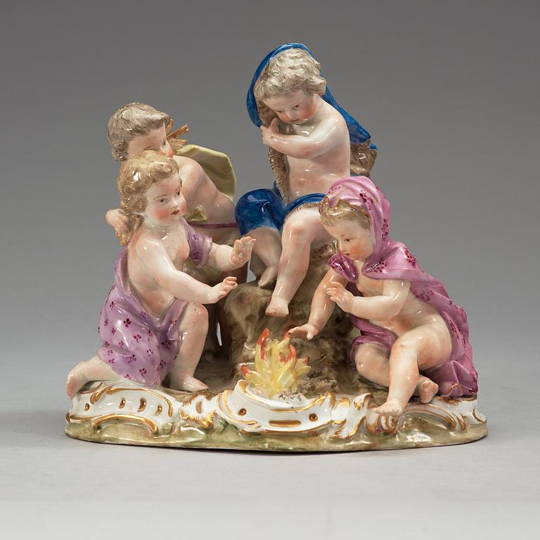 A set of four Meissen allegorical figure groups, 18th Century, three of them with the Marcolini mark (1774-1814).