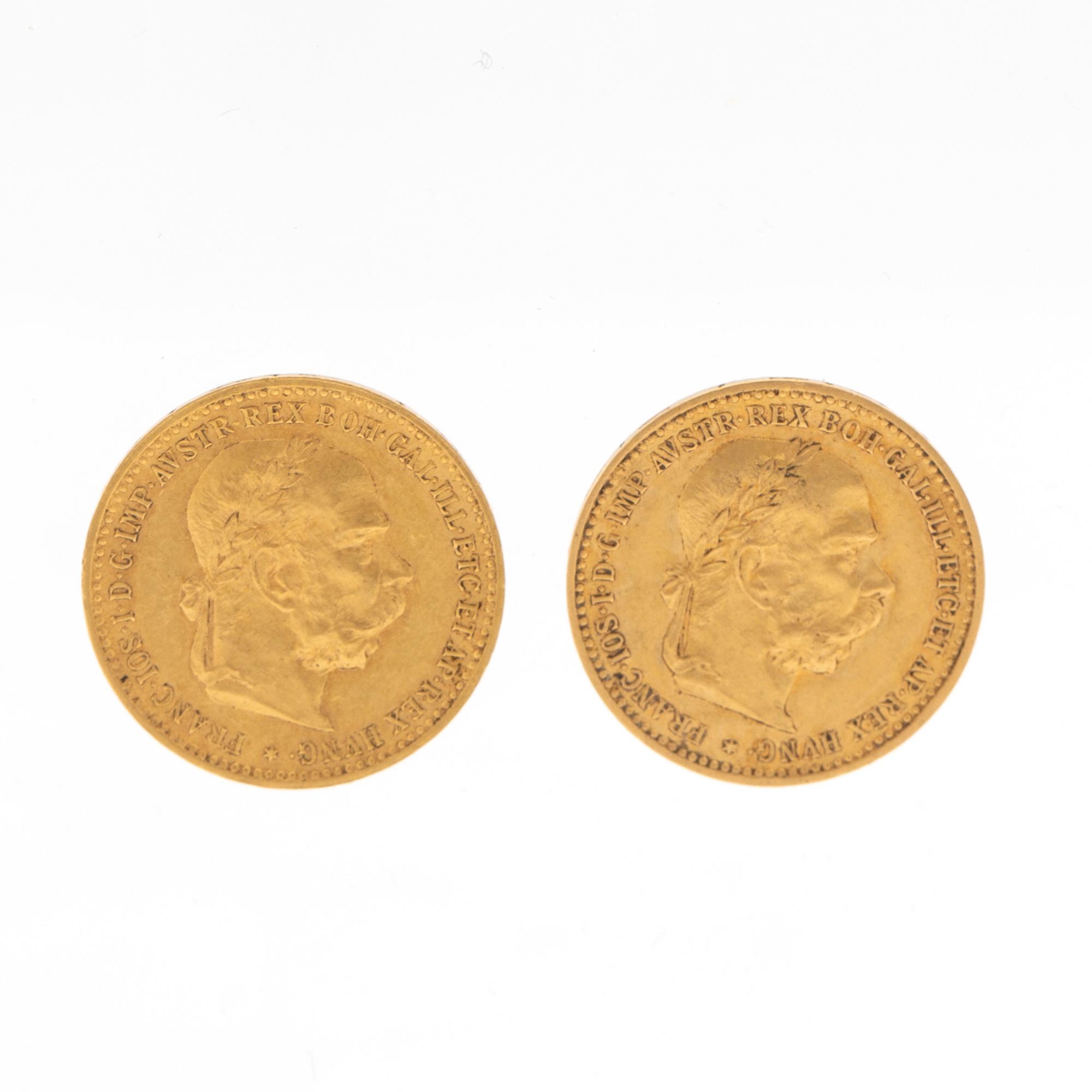 Coins 2 pcs 10 Crowns gold, Austria-Hungary 1897 and 1906.
